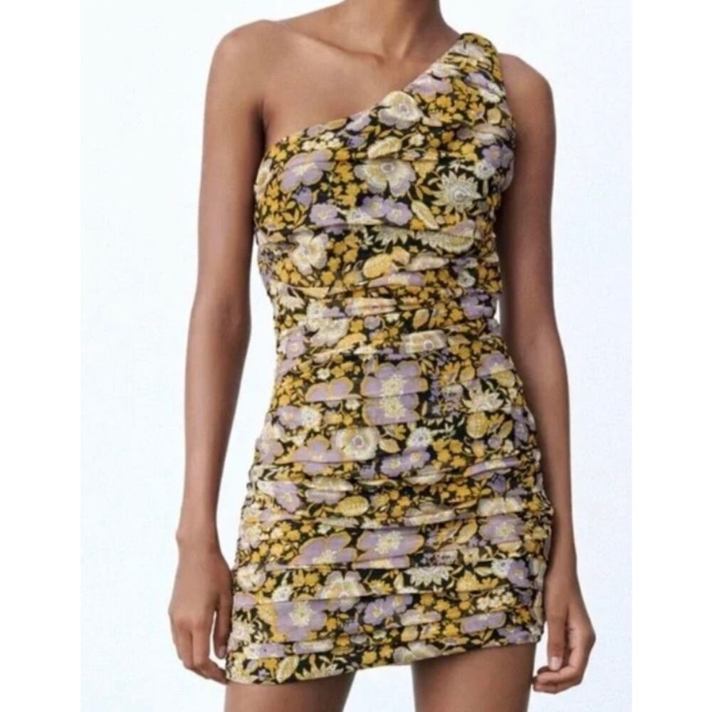 NWT Zara Women’s One Shoulder Ruched Mini Dress Sz M Yellow Purple Cocktail